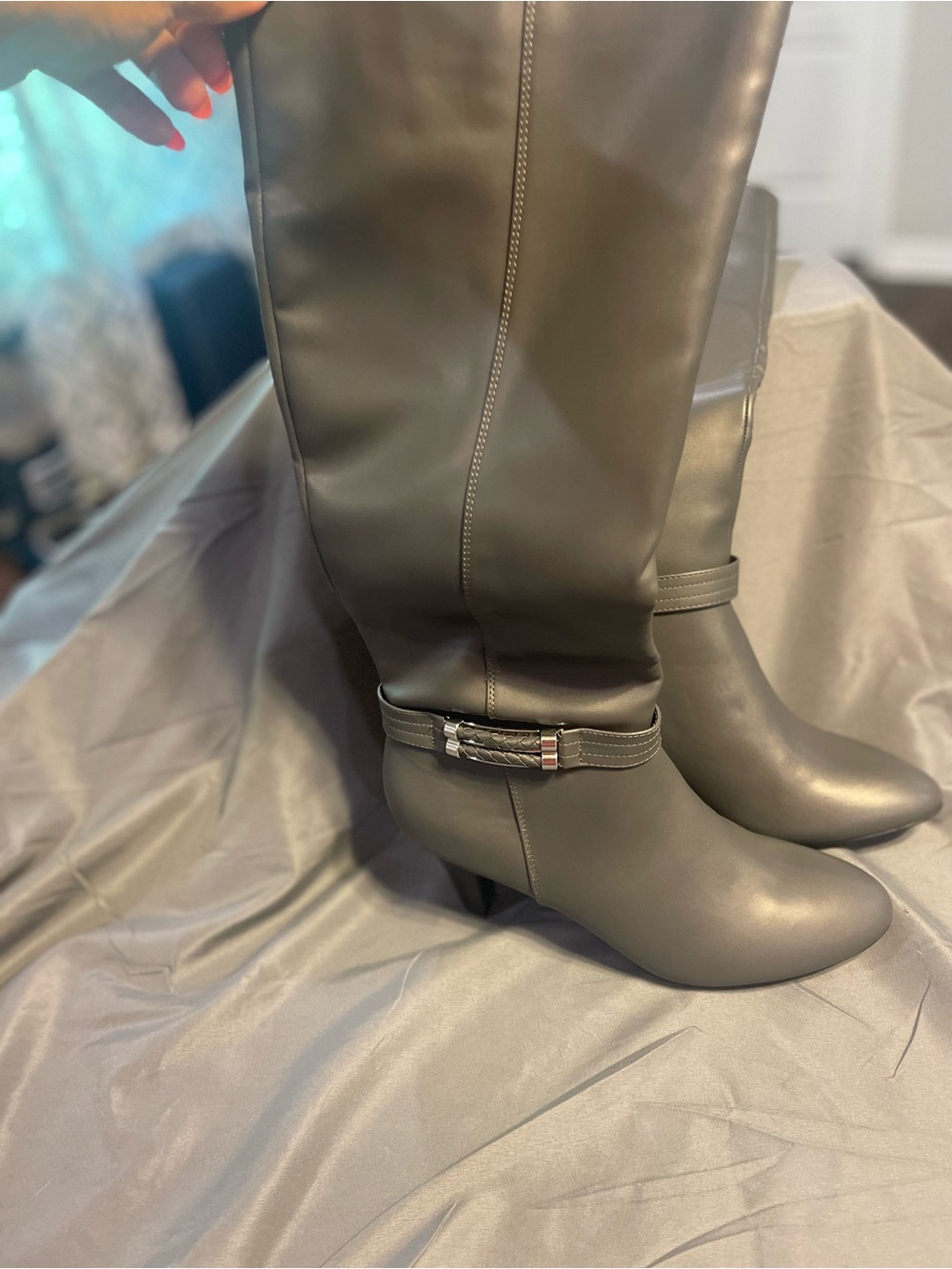 London Fog Tall Gray Over-The-Knee Boots with Ankle Strap
